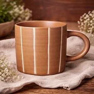 Hearth & Hand Magnolia Brown Ceramic Stoneware Coffee Mug Vertical White Stripe